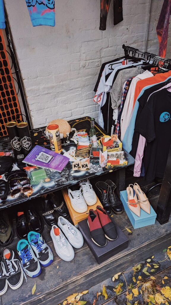 a bunch of shoes that are on a table